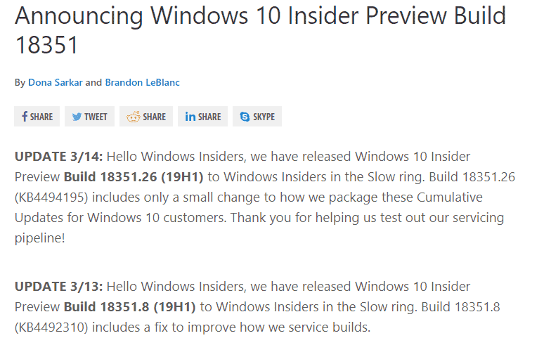 KB4494195 Takes Windows 10 to 18351.26 in Slow Ring