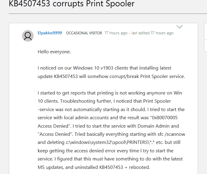 KB4507453 Breaks Print Spooler Service on Windows 10 1903