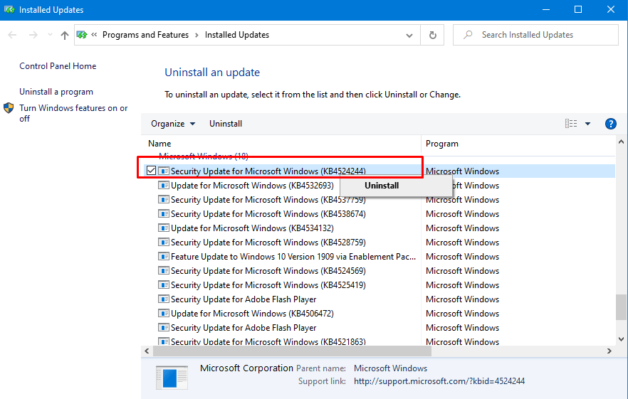 KB4524244 For Windows 10 Reversed, Uninstall if Causes Problems