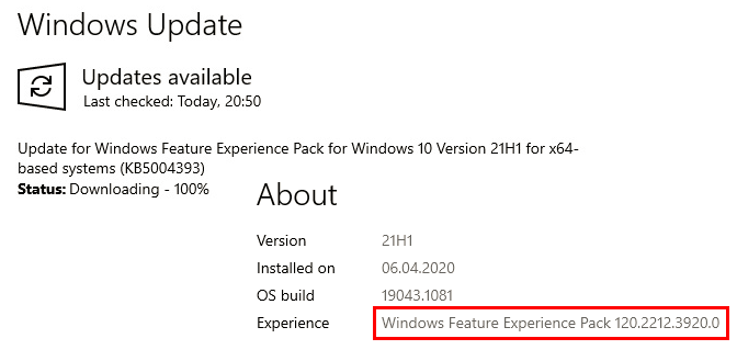 KB5004393 Windows Feature Experience Pack 120.2212.3920.0