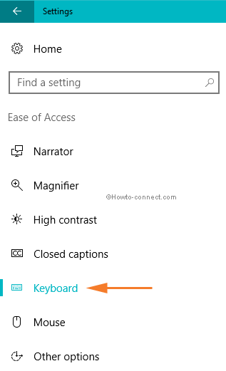 Keyboard segment under Ease of Access category