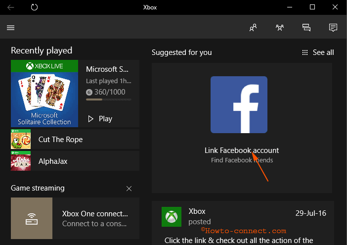 Link Xbox One to Facebook Account on Windows 10