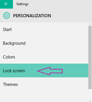 Lock Screen item in the Personalization settings in Windows 10