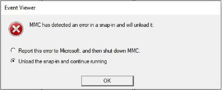 MMC has detected an error in a snap-in and will unload it