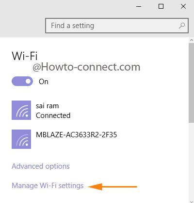 Manage Wifi settings link to see advanced options in Windows 10