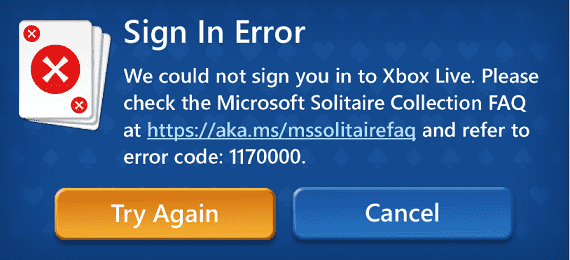 Microsoft Solitaire Sign in error code 1170000