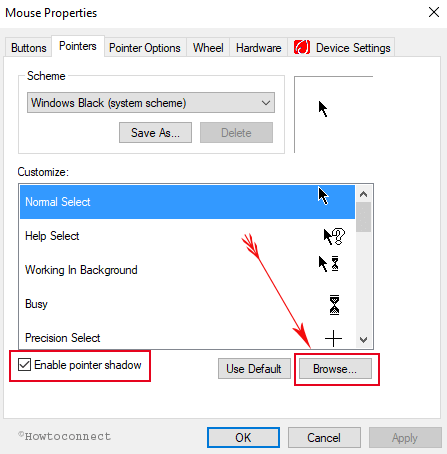 Mouse properties Enable pointer shadow