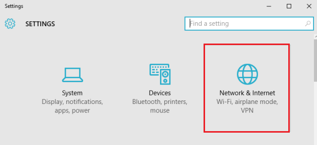 Network & Internet of Settings app in Windows 10