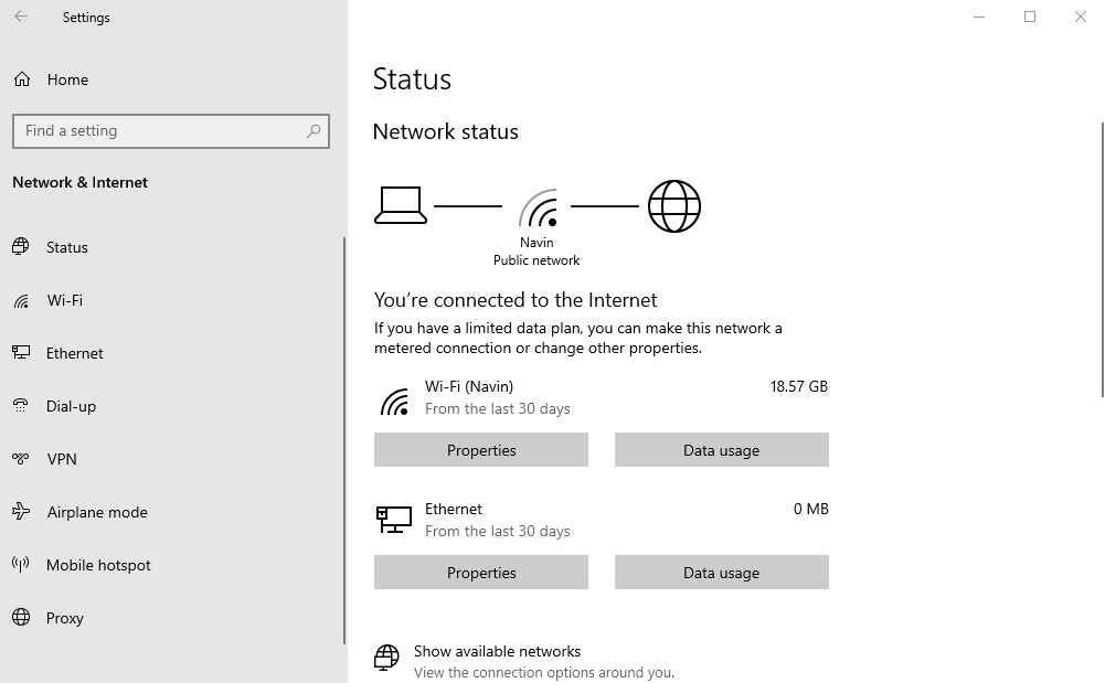Network Status page in Settings