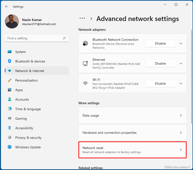 Network reset link on settings