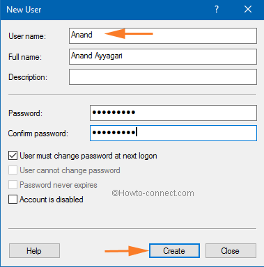 New User Window to confirm password