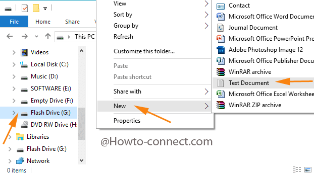 New followed by Text Document in the Flash Drive in Windows 10