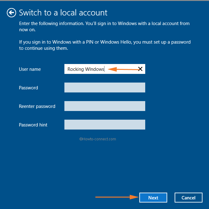 New username for Local account, password and password hint