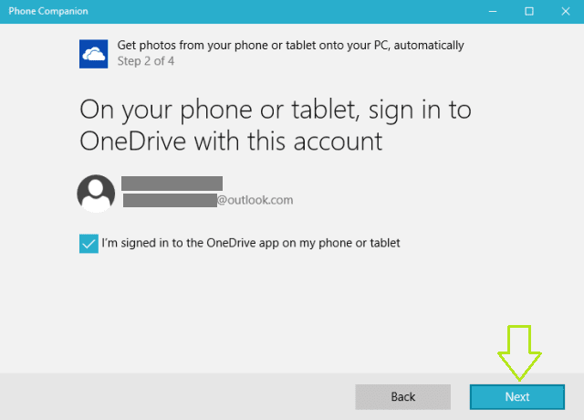 Next button after signing in OneDrive with same Microsoft account