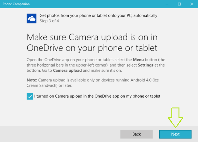Next button after turning on the Camer upload on OneDrive app