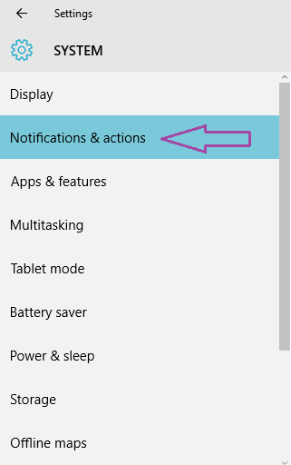 Notifications & actions listed on the left column of System category