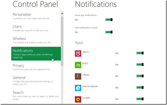 notifications pane in control panel