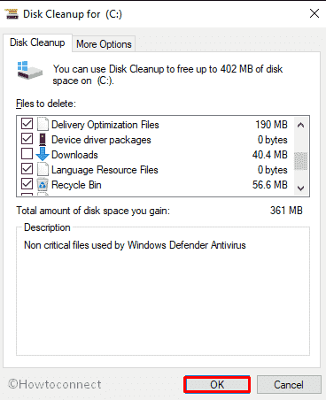 OK button in Disk cleanup
