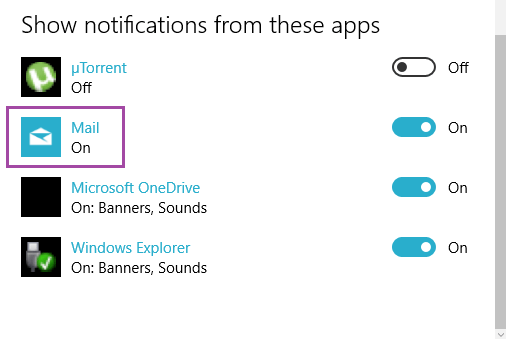 On status of the Mail app to see whether you Turn On or Off Windows 10 Mail App Notifications