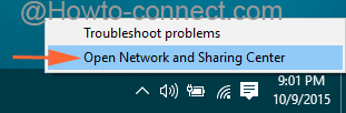 Open Network and Sharing Center option from right click on Network icon to Fix Limited Network Yellow Mark in Windows 10