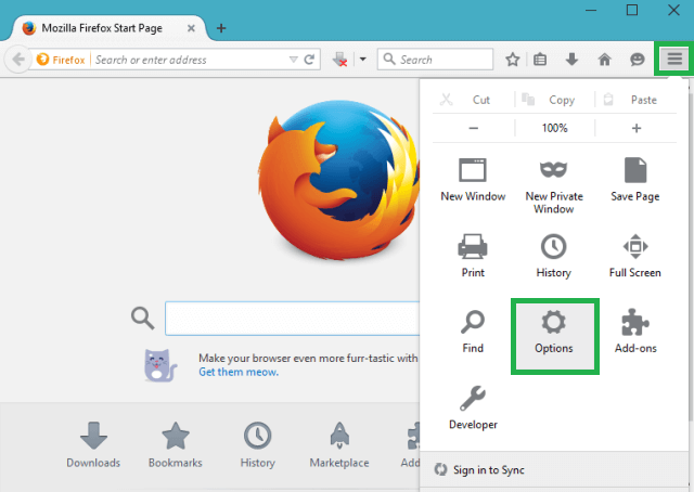 Options of Firefox 38 Menu
