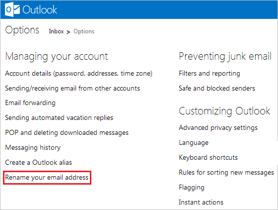 Outlook.com rename ID address link image