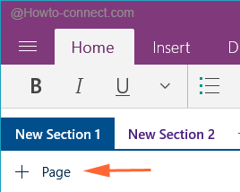 + Page button of OneNote in Windows 10 to add a page to the note