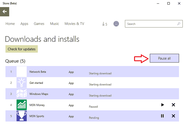 Pause button to pause individual download in windows 10 store beta