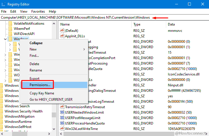 Permissions windows registry key