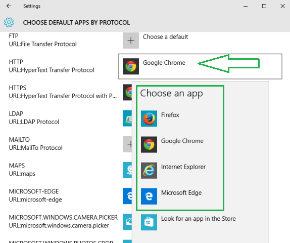 Pick up any app to set it as default for particular protocol