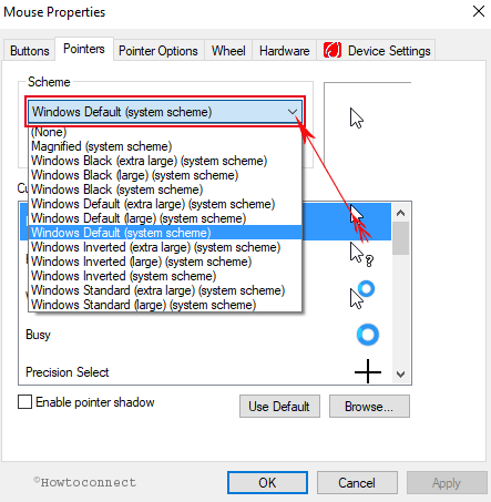 Pointer schemes Mouse Properties