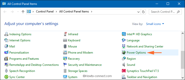 power option on control panel list on windows 10