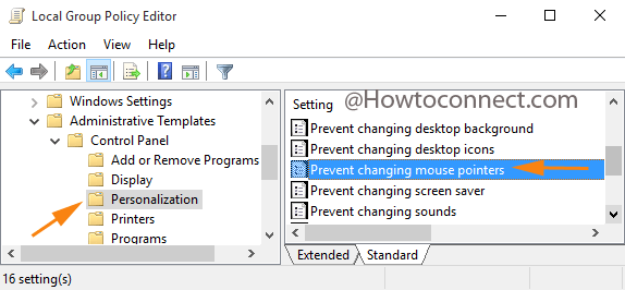 Restrict Changing Mouse Pointers in Windows 10 in group policy editor