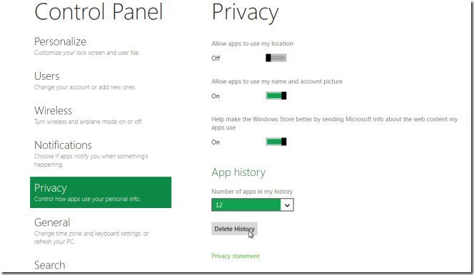 privacy option in control panel