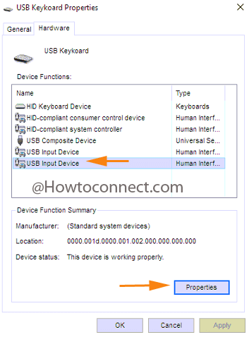 Properties button of USB Input Device option