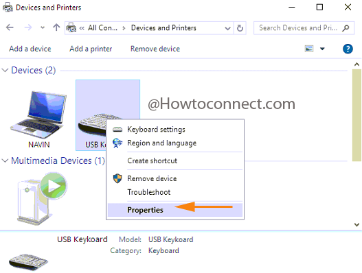 Properties option of USB Keyboard