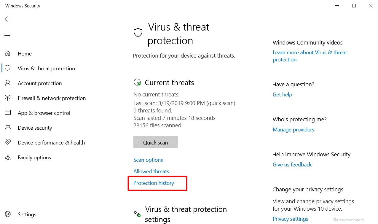 Protection History Windows Settings