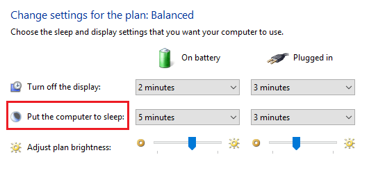Put the computer to sleep settings