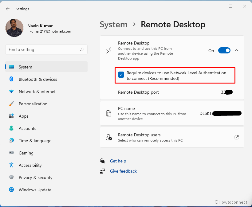 Require devices to use Network Level Authentication to connect (Recommended)