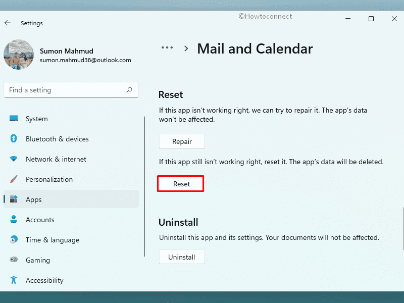 Reset Mail and Calendar app