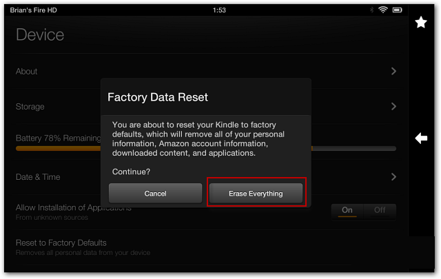 reset factory on kindle hd tablet