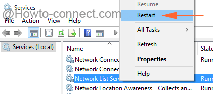 Restart the Network List Service in Windows 10