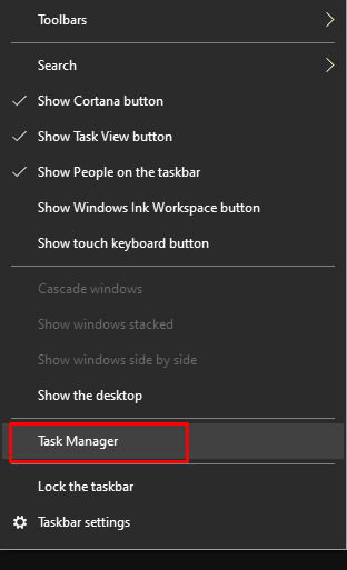 Right click on Taskbar and choose Task Manager