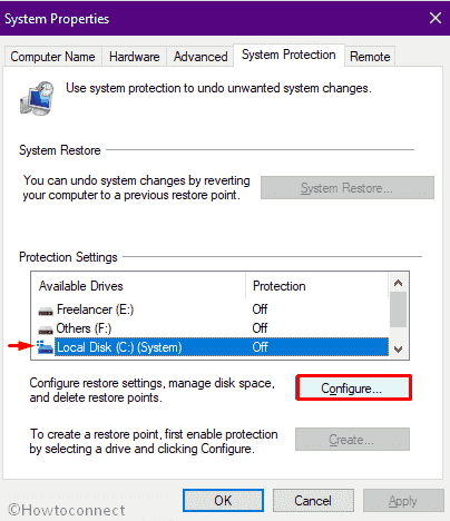Select Local Disk (C) (System) followed by clicking Configure