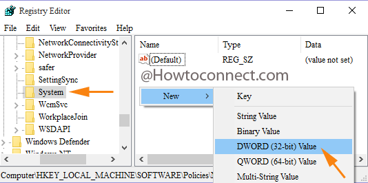 Select a New DWORD value by right clicking anywhere on the right side of System key
