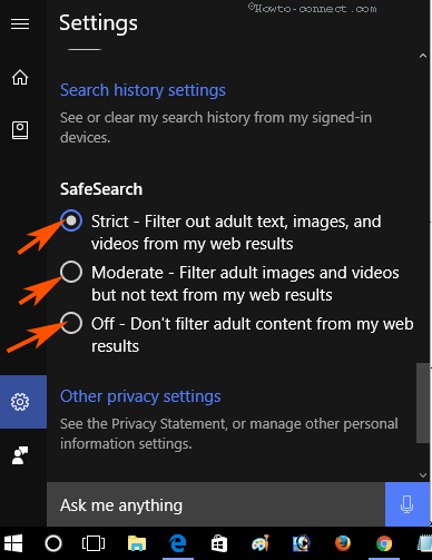 Set SafeSearch on Cortana Windows 10 step 3