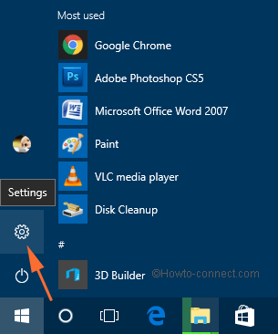 Settings Option in Start Menu of Windows 10