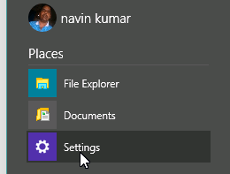 Settings Option in Start Menu of Windows 10