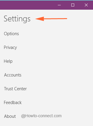Settings list of OneNote app in Windows 10