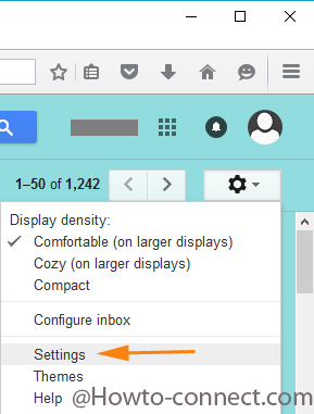 Settings option under the drop down menu of the gear icon in Gmail account